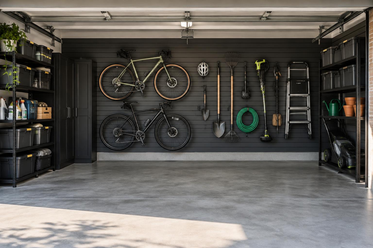 Garage after organisation with slatwall and a clear floor