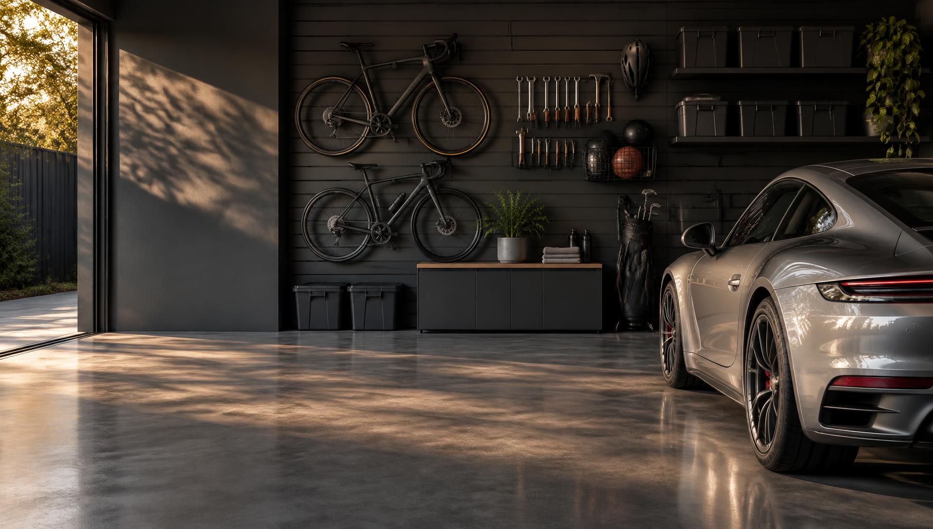 Beautifully organised garage with charcoal slatwall, bicycles and sports car